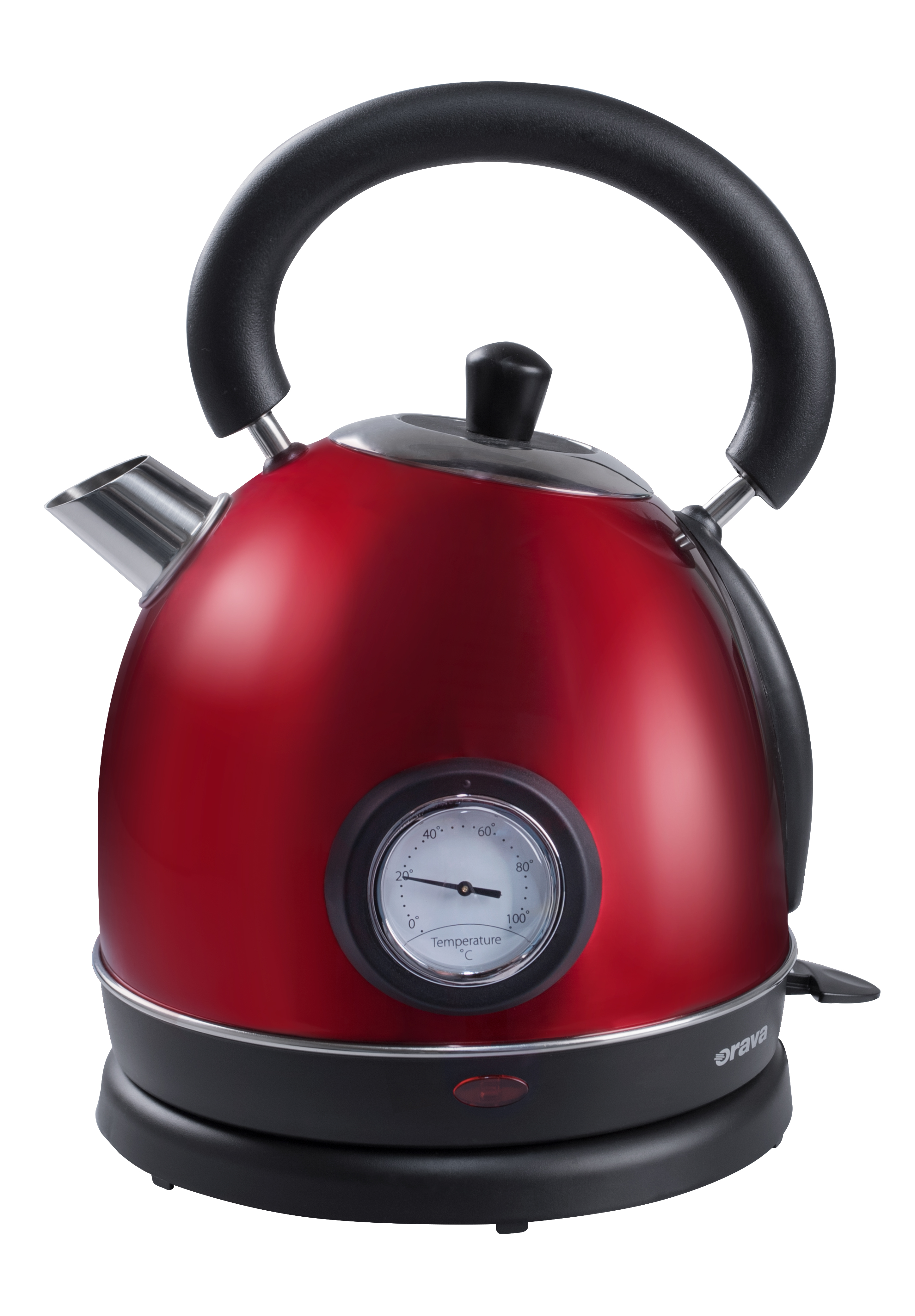 the Orava Hiluxe stainless steel kettle in an attractive red outfit