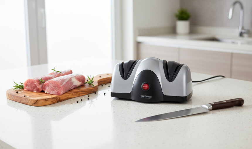ORAVA BD-40A knife sharpener on the kitchen counter together with a pork tenderloin