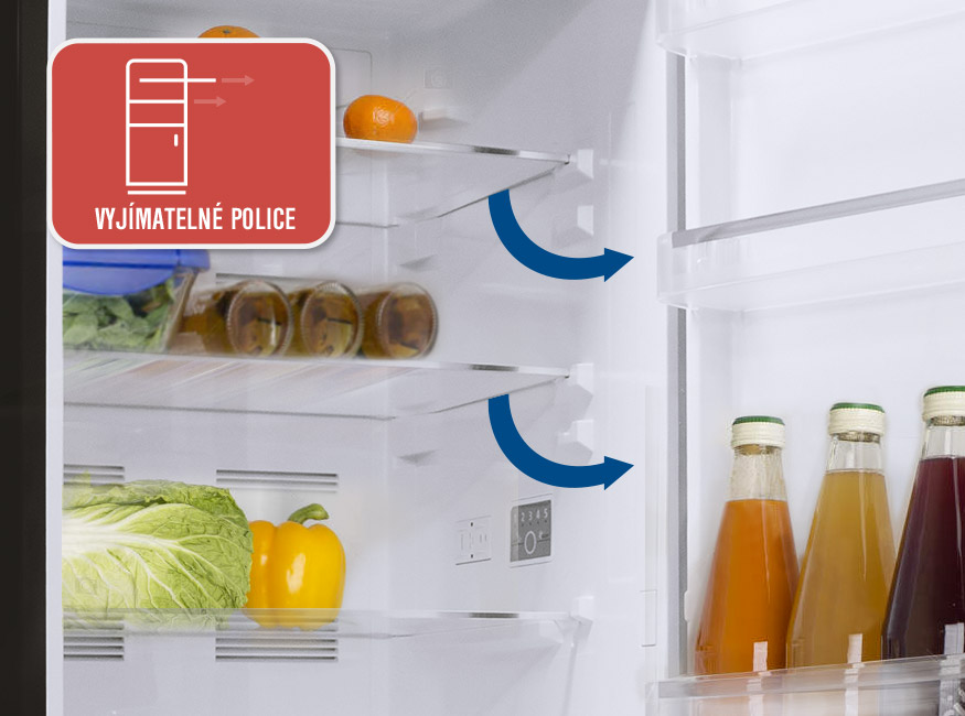 Díky vyjímatelným poličkám je manipulace s potravinami v ledničce velmi jednoduchá..