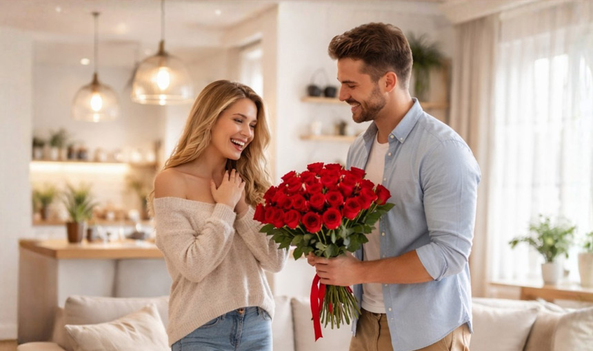 Valentín, muž daruje kyticu svojej valentínke